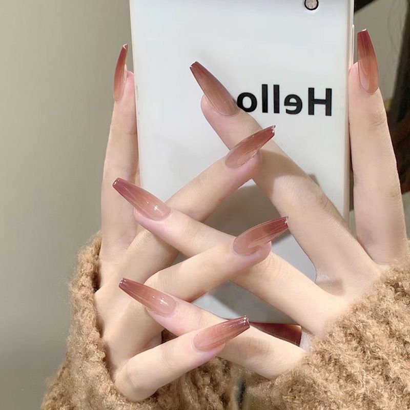 Simple nail art, chestnut red gradient, wearable nail, artificial nail, elegant long ballet nail, 24 pieces, removable