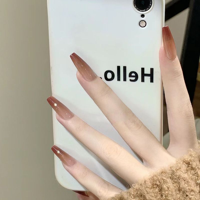 Simple nail art, chestnut red gradient, wearable nail, artificial nail, elegant long ballet nail, 24 pieces, removable