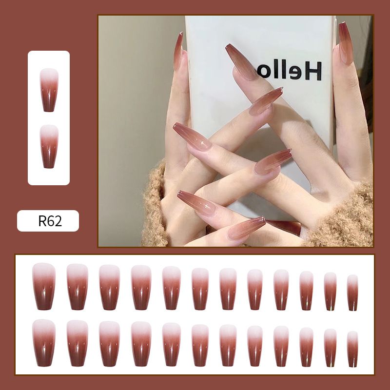 Simple nail art, chestnut red gradient, wearable nail, artificial nail, elegant long ballet nail, 24 pieces, removable
