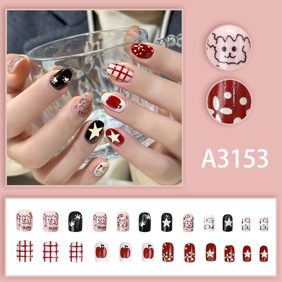Childlike graffiti, kitten, dopamine, Korean girl, sweet and cool ins, 24 pieces of nail art, wearable nail patches
