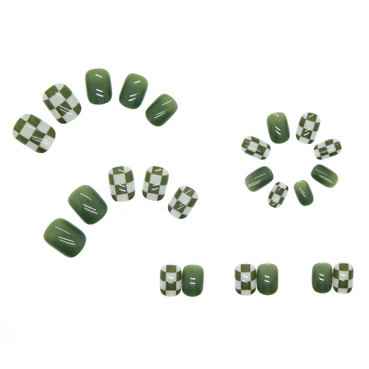 Wearable nail, manicure nail plate, green chessboard grid fake nail sticker, new manicure sticker, 24 pieces
