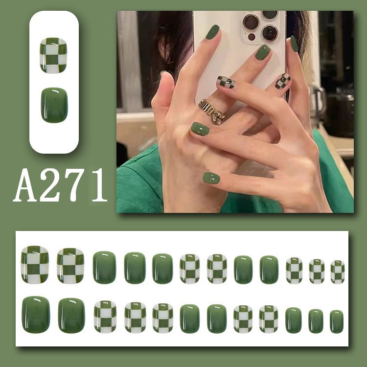 Wearable nail, manicure nail plate, green chessboard grid fake nail sticker, new manicure sticker, 24 pieces