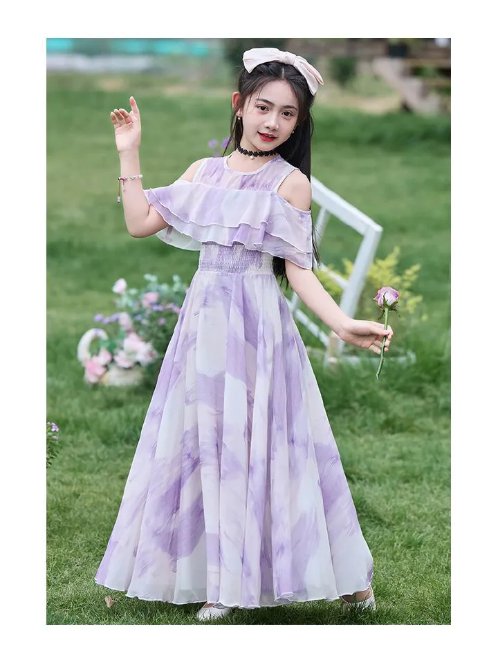 Girls' summer dress 2025 new style fashionable thin princess dress girls' medium-sized children's chiffon long dress