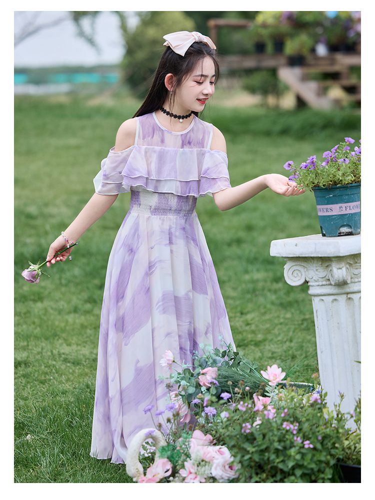 Girls' summer dress 2025 new style fashionable thin princess dress girls' medium-sized children's chiffon long dress