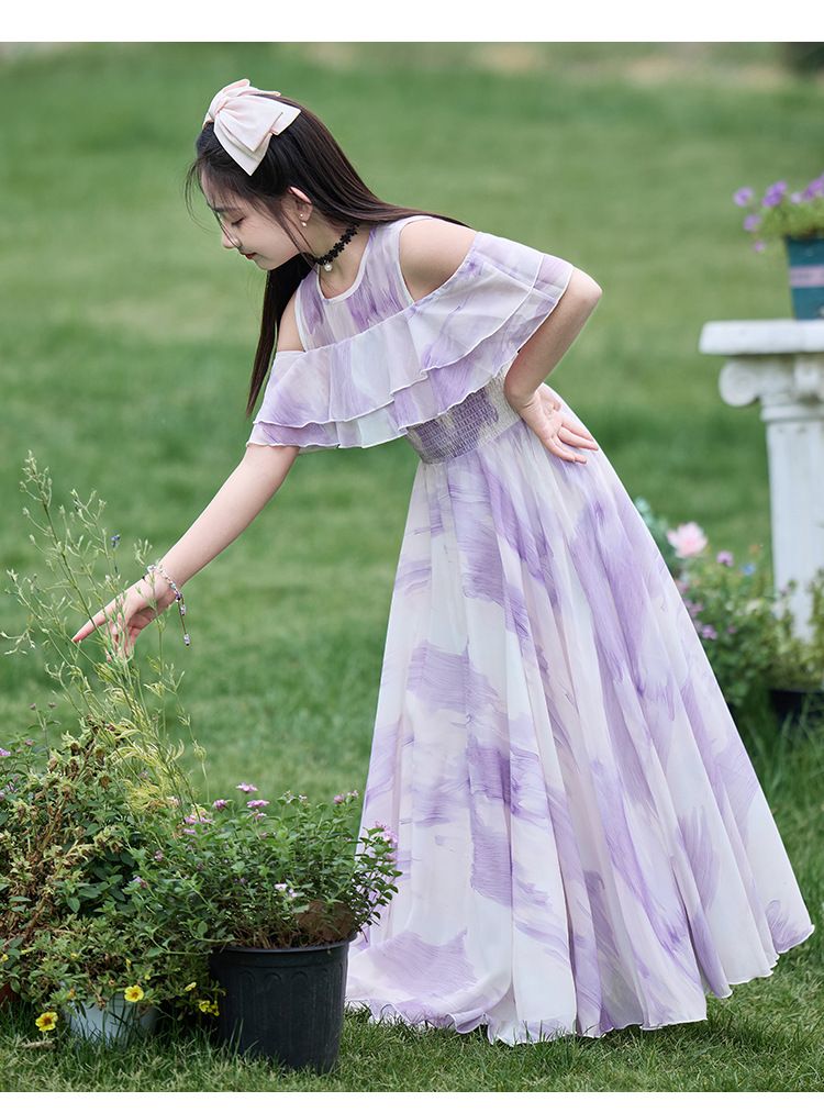 Girls' summer dress 2025 new style fashionable thin princess dress girls' medium-sized children's chiffon long dress