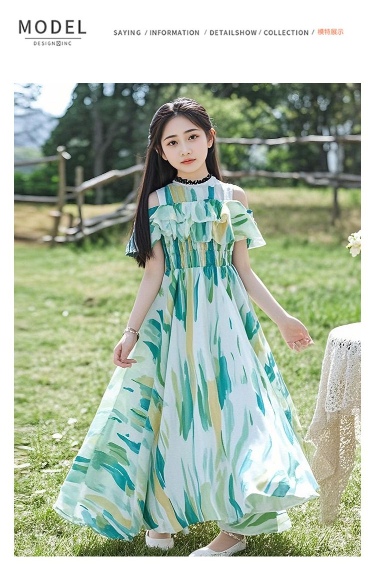 Girls' dress summer 2025 new style long dress children's fashionable princess dress girl chiffon beach dress
