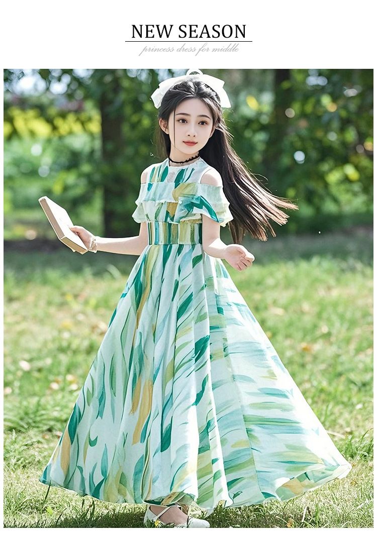 Girls' dress summer 2025 new style long dress children's fashionable princess dress girl chiffon beach dress