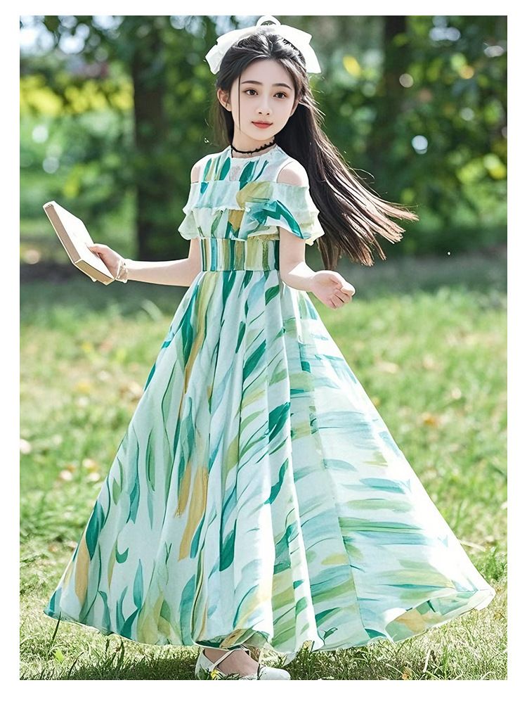 Girls' dress summer 2025 new style long dress children's fashionable princess dress girl chiffon beach dress