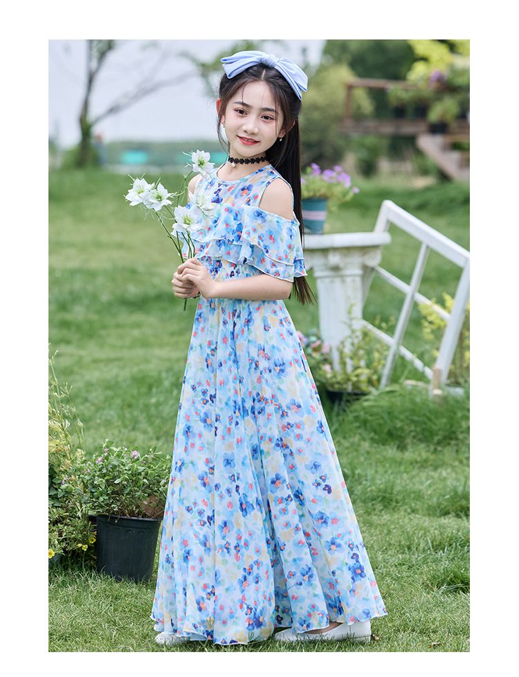 Girl's dress, girl's summer clothes, 2025 new style, elegant children's chiffon floral dress, thin style, girl's large size, summer beach dress.