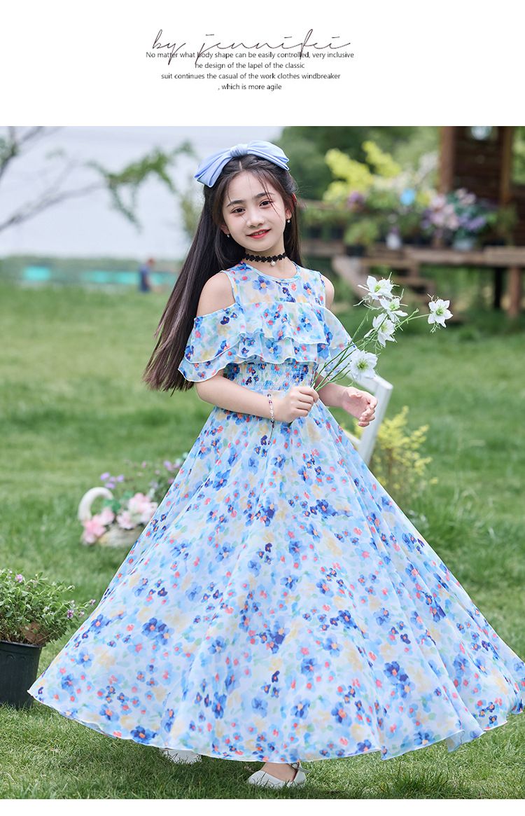 Girl's dress, girl's summer clothes, 2025 new style, elegant children's chiffon floral dress, thin style, girl's large size, summer beach dress.