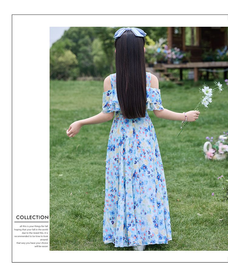 Girl's dress, girl's summer clothes, 2025 new style, elegant children's chiffon floral dress, thin style, girl's large size, summer beach dress.