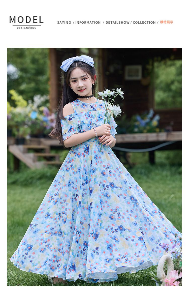Girl's dress, girl's summer clothes, 2025 new style, elegant children's chiffon floral dress, thin style, girl's large size, summer beach dress.