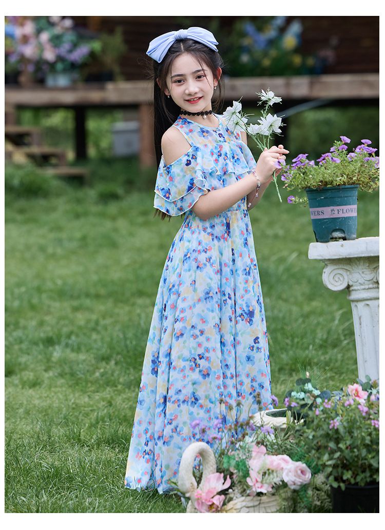 Girl's dress, girl's summer clothes, 2025 new style, elegant children's chiffon floral dress, thin style, girl's large size, summer beach dress.