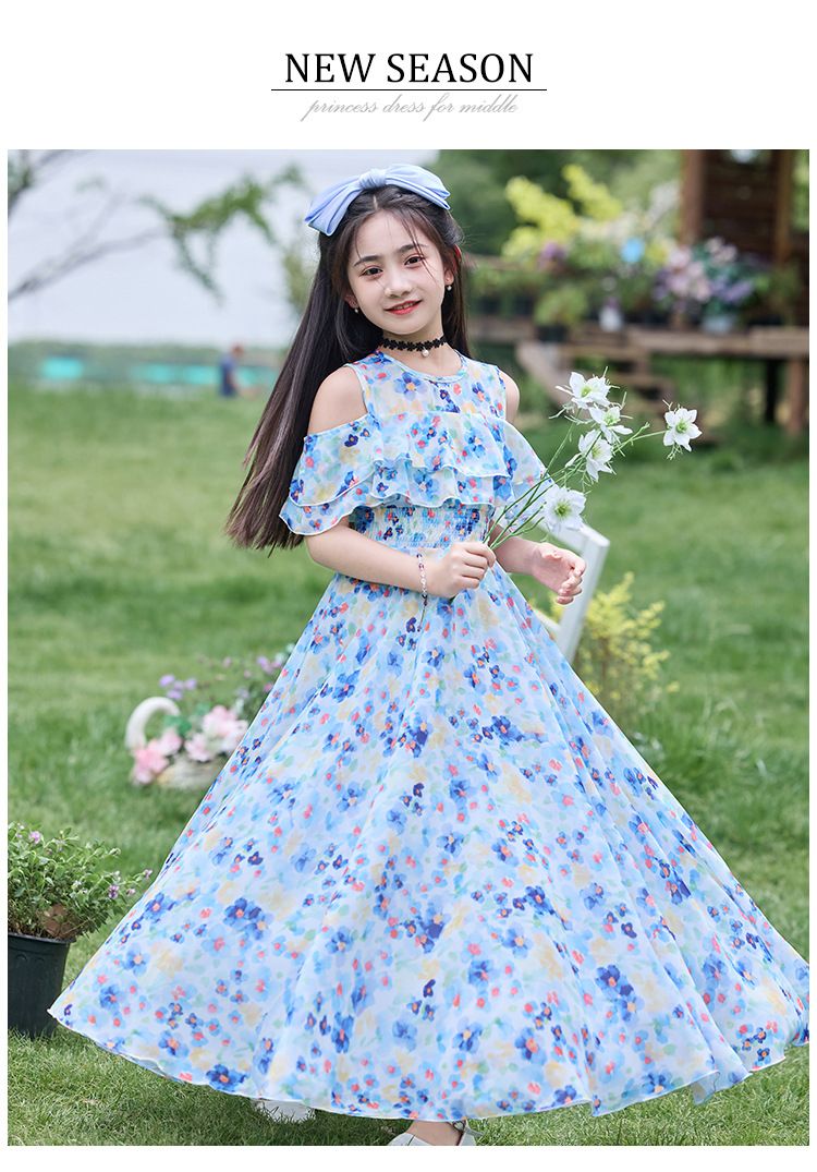 Girl's dress, girl's summer clothes, 2025 new style, elegant children's chiffon floral dress, thin style, girl's large size, summer beach dress.