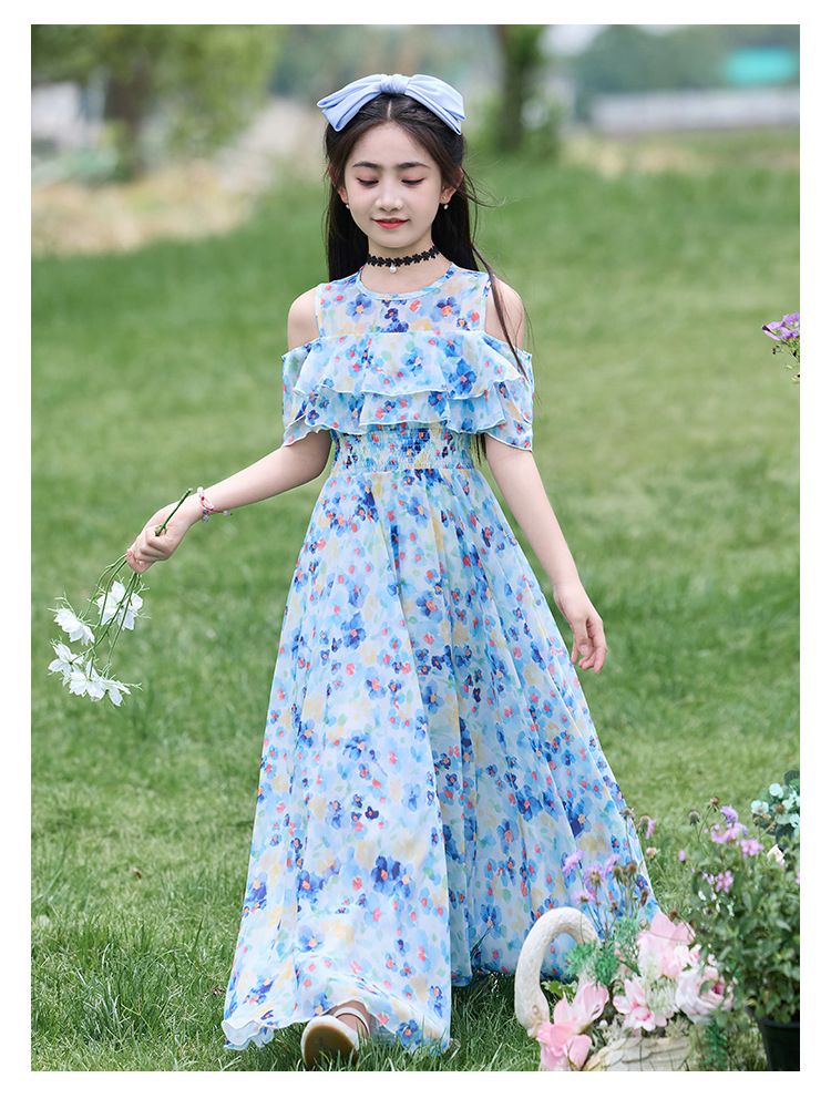 Girl's dress, girl's summer clothes, 2025 new style, elegant children's chiffon floral dress, thin style, girl's large size, summer beach dress.