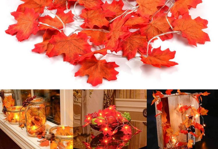 LED string lights with simulated maple leaf lights, perfect for autumn harvest, Thanksgiving, and Halloween decorations. Battery-powered string lights.