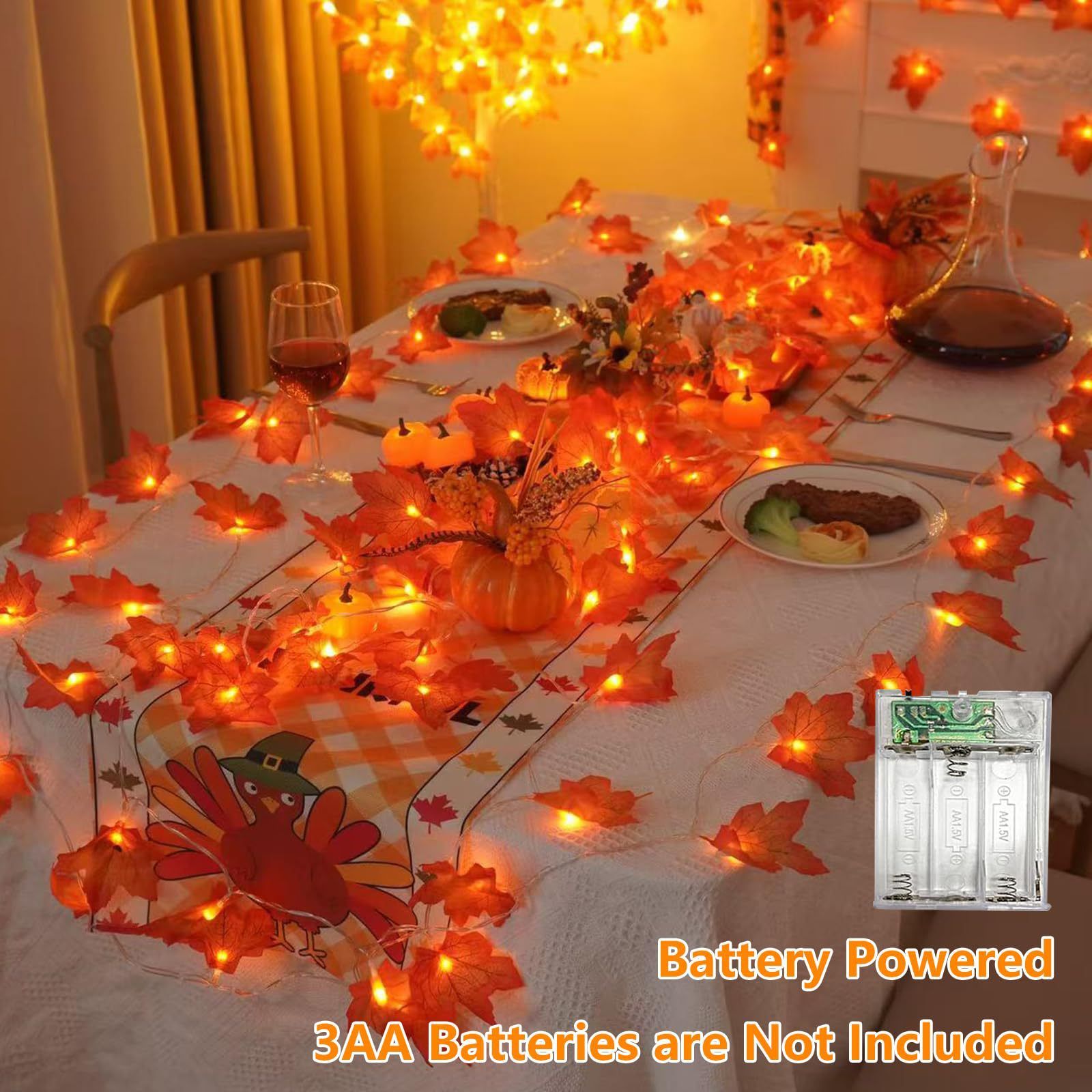 LED string lights with simulated maple leaf lights, perfect for autumn harvest, Thanksgiving, and Halloween decorations. Battery-powered string lights.