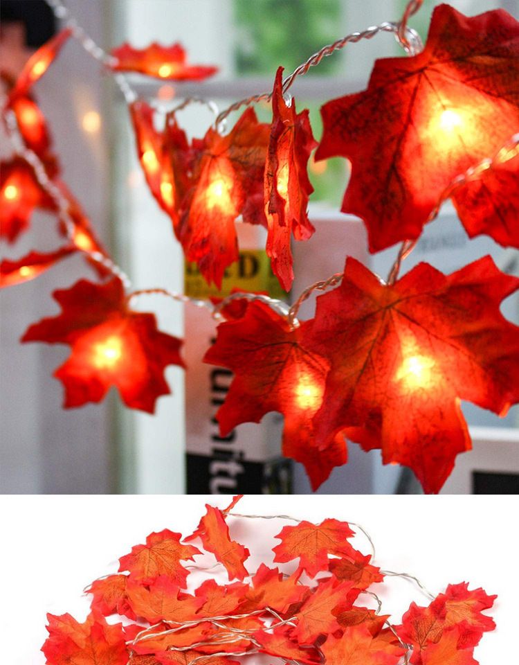 LED string lights with simulated maple leaf lights, perfect for autumn harvest, Thanksgiving, and Halloween decorations. Battery-powered string lights.