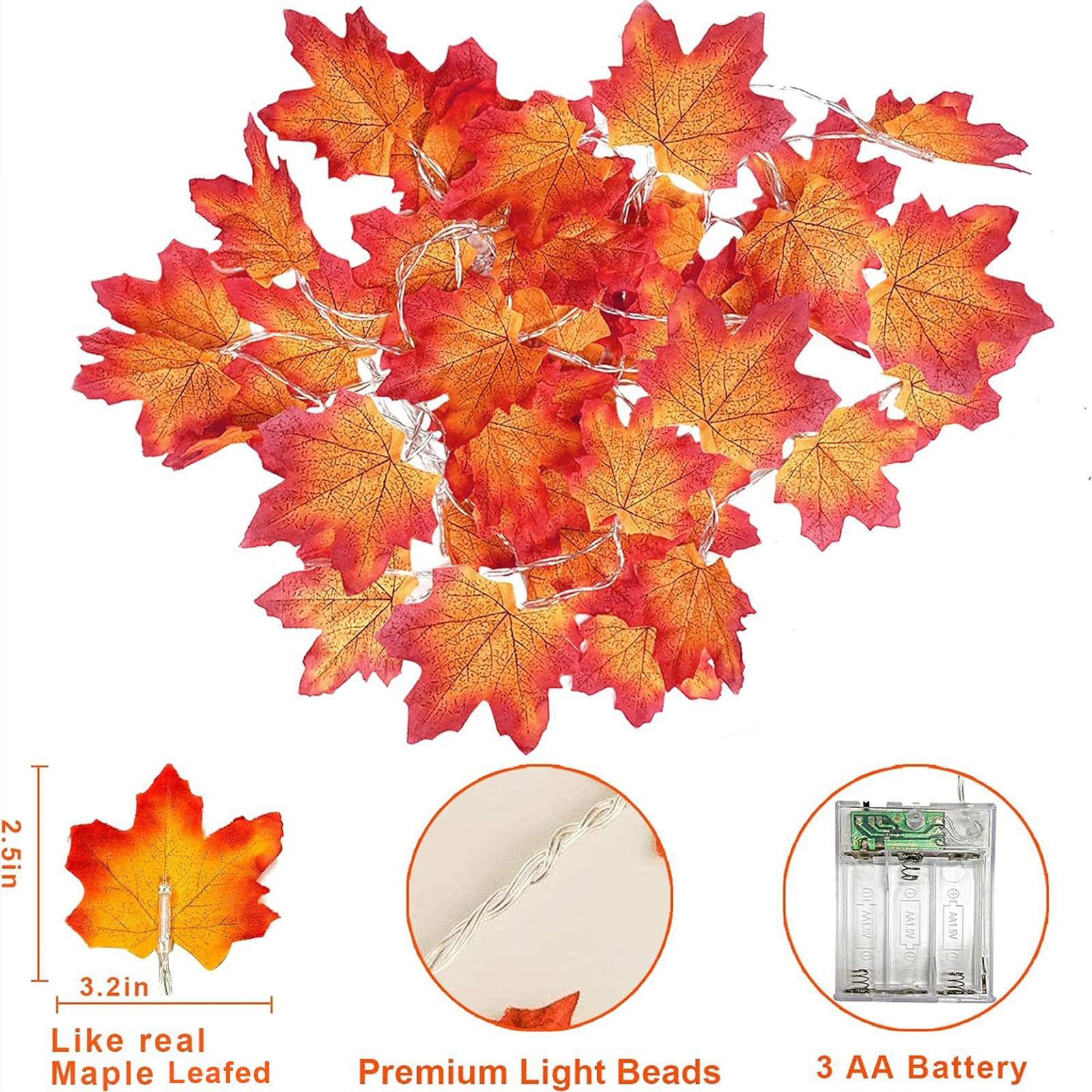 LED string lights with simulated maple leaf lights, perfect for autumn harvest, Thanksgiving, and Halloween decorations. Battery-powered string lights.