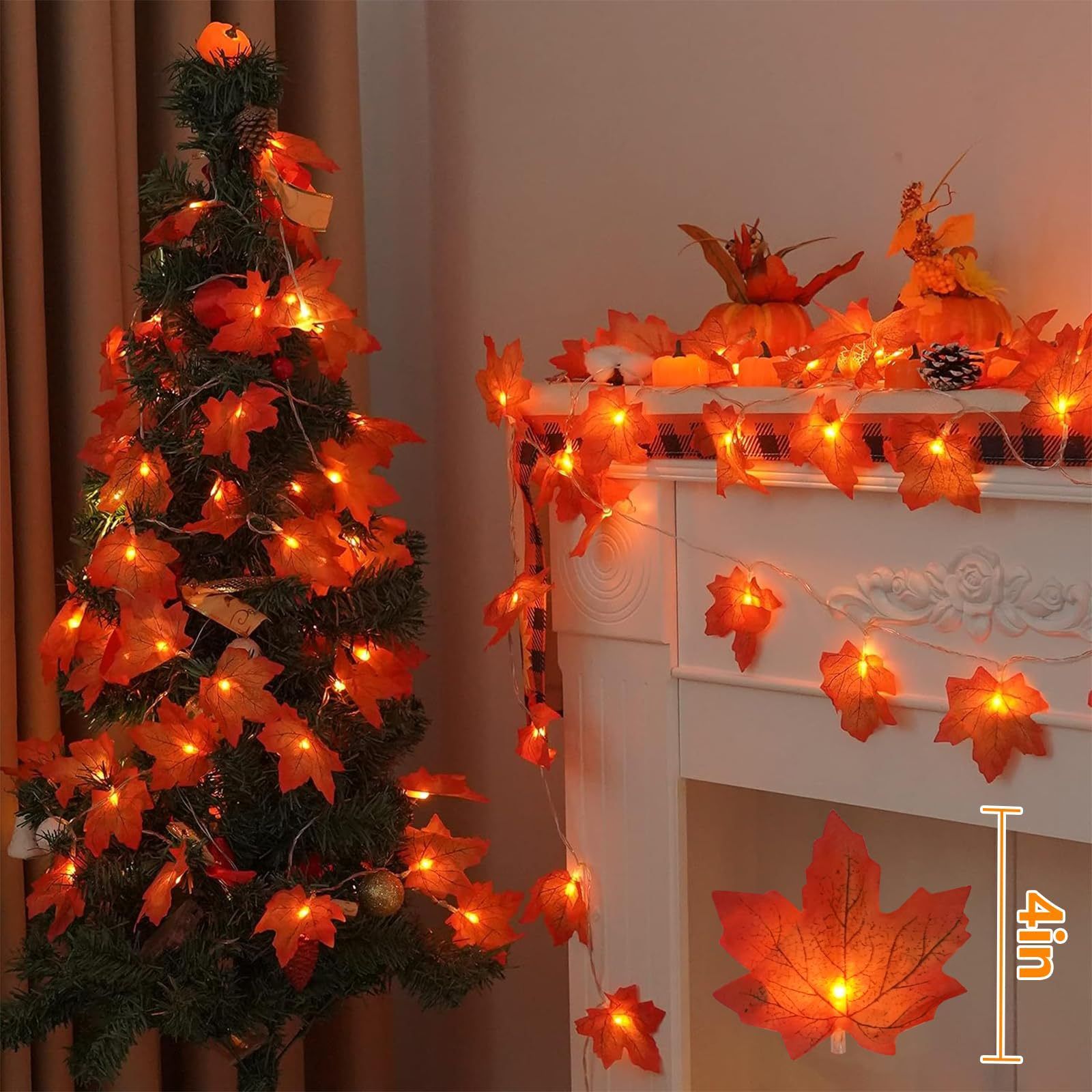 LED string lights with simulated maple leaf lights, perfect for autumn harvest, Thanksgiving, and Halloween decorations. Battery-powered string lights.
