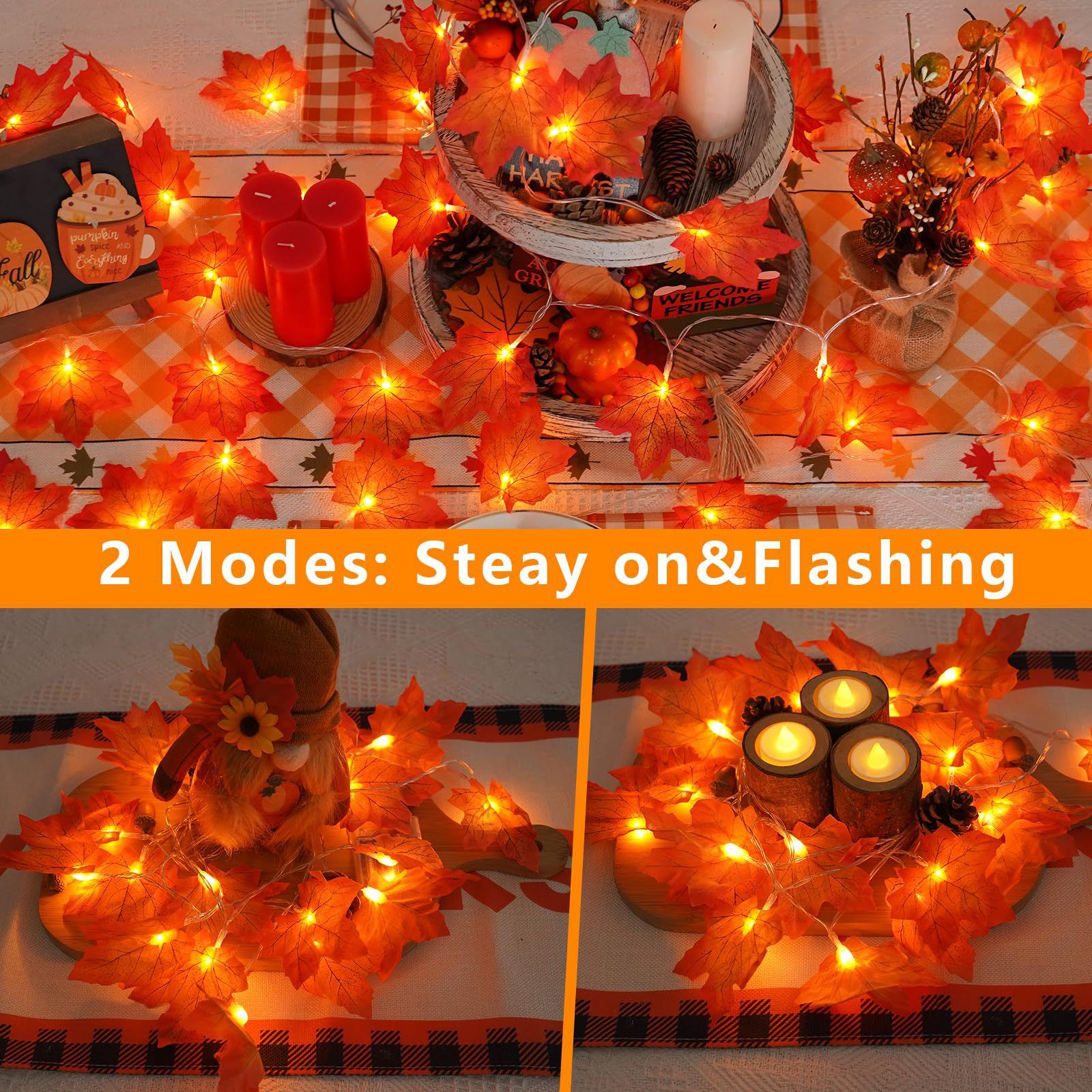 LED string lights with simulated maple leaf lights, perfect for autumn harvest, Thanksgiving, and Halloween decorations. Battery-powered string lights.