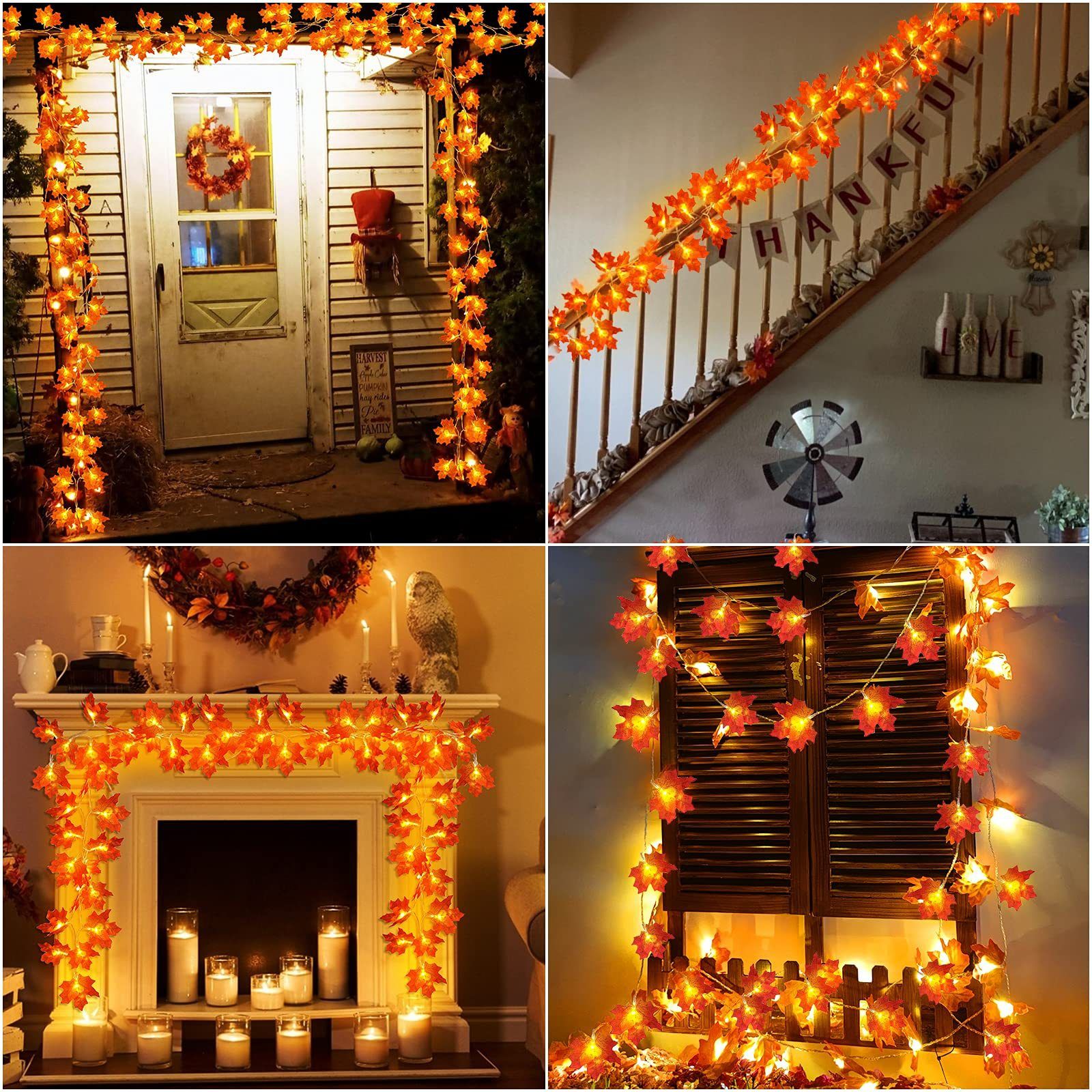 LED string lights with simulated maple leaf lights, perfect for autumn harvest, Thanksgiving, and Halloween decorations. Battery-powered string lights.