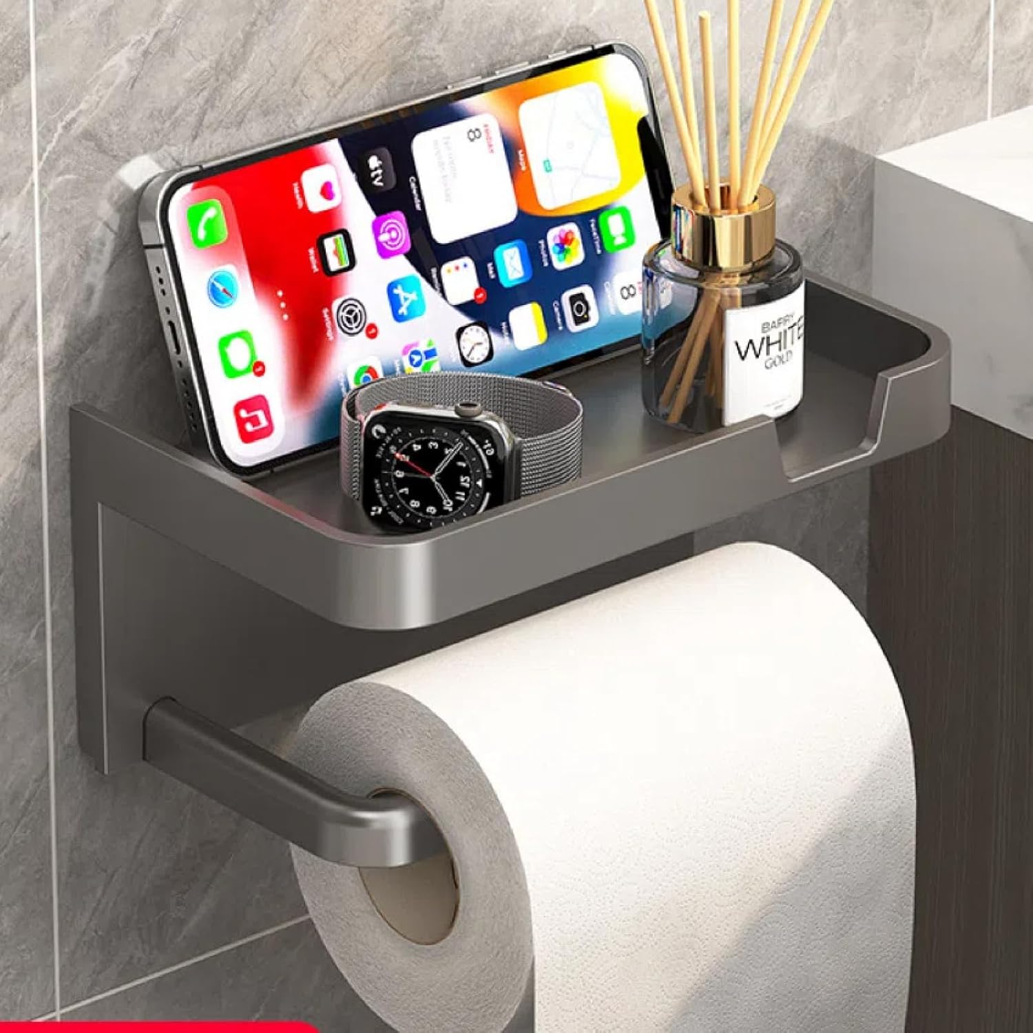 Self Adhesive Toilet Paper Holder with Phone Shelf, Wall Mounted Toilet Paper Roll Holder,  Bathroom Washroom Tissue Roll Holder with Shelf, Toilet Paper Roll Dispenser