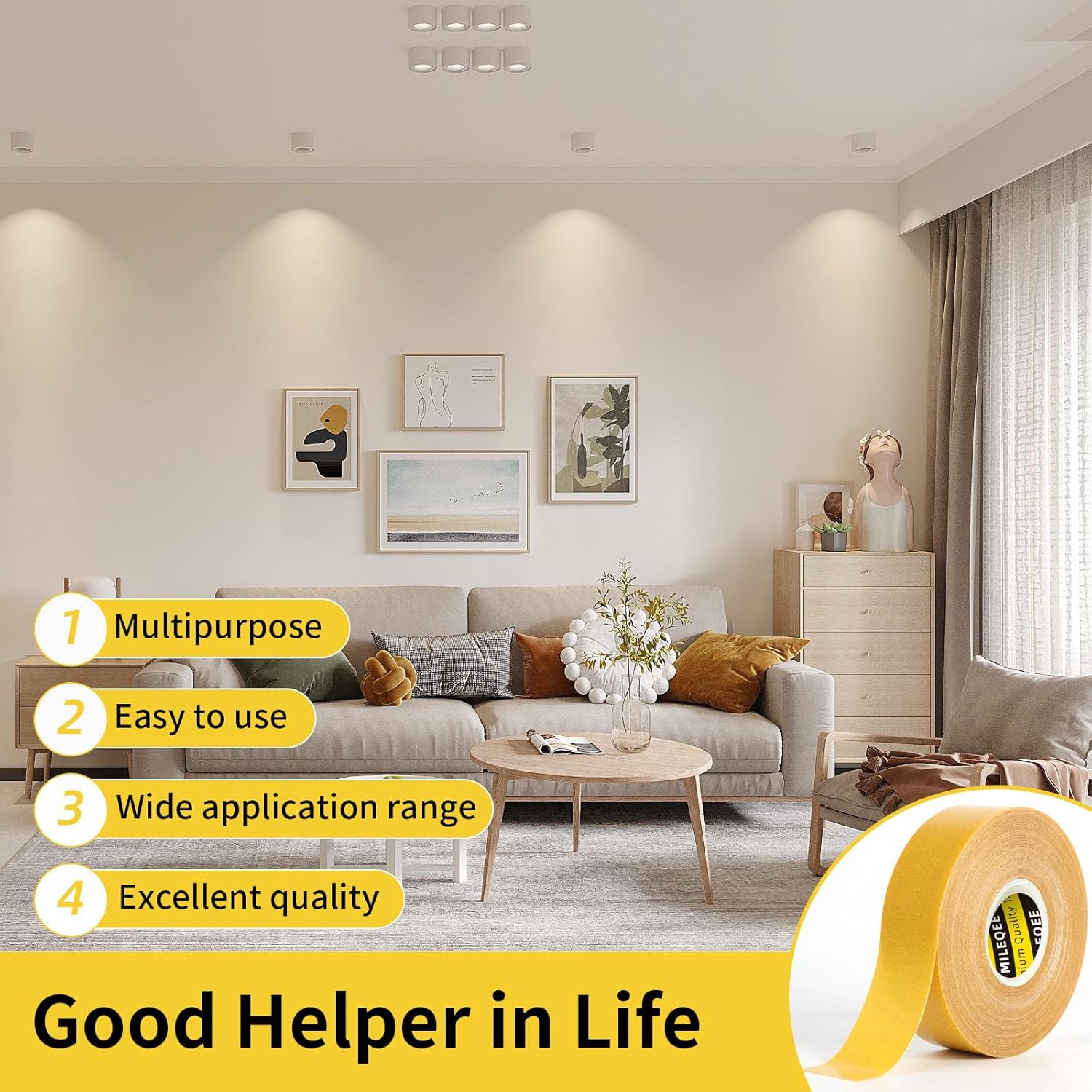 5cmx 20m Double Sided Tape Strong and Tough,  Universal High Tack Strong Wall Adhesive with Fiberglass Mesh, Super Sticky Resistente Clear Tape, Easy Use Mounting Tape，Multipurpose Removable Residue-F