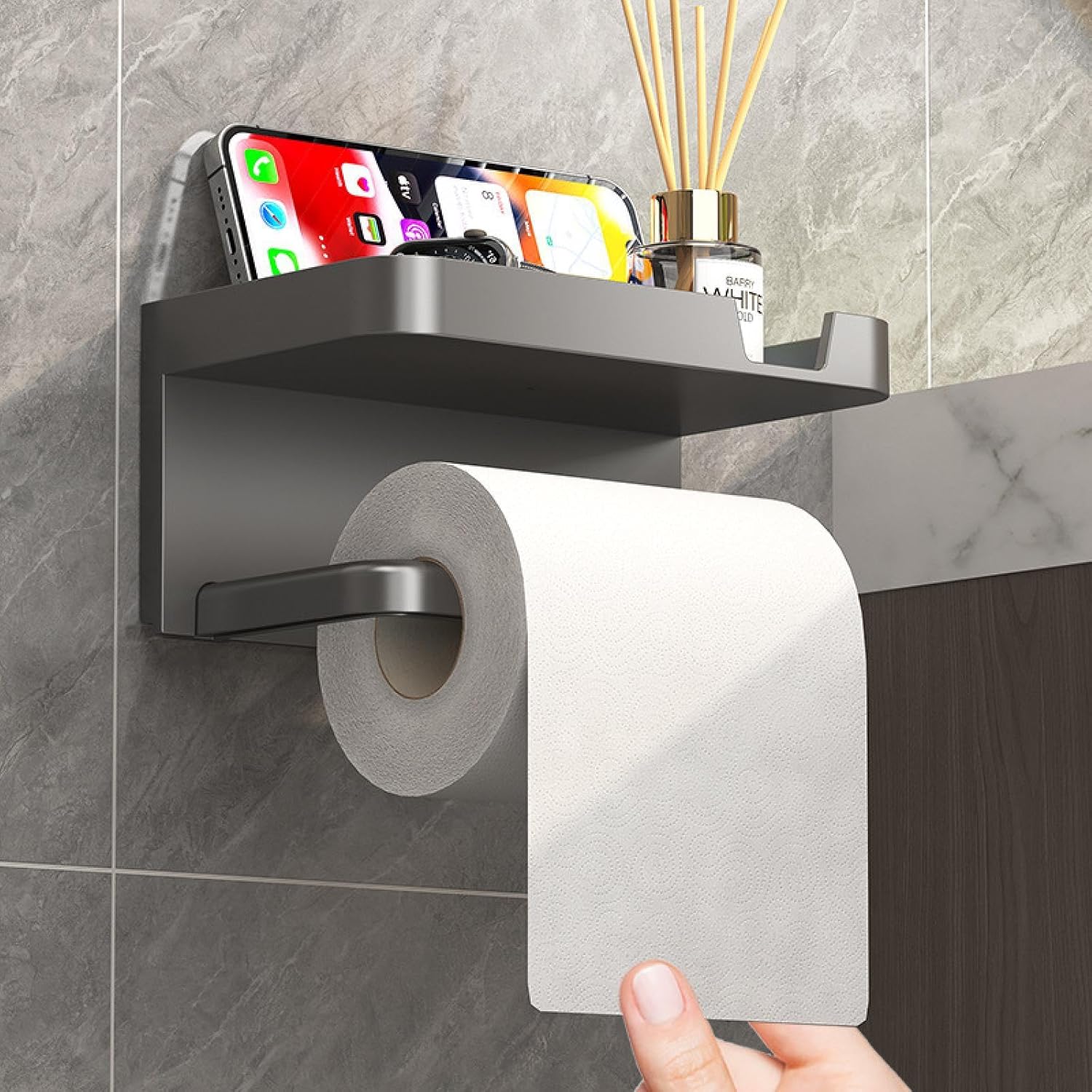 Self Adhesive Toilet Paper Holder with Phone Shelf, Wall Mounted Toilet Paper Roll Holder,  Bathroom Washroom Tissue Roll Holder with Shelf, Toilet Paper Roll Dispenser