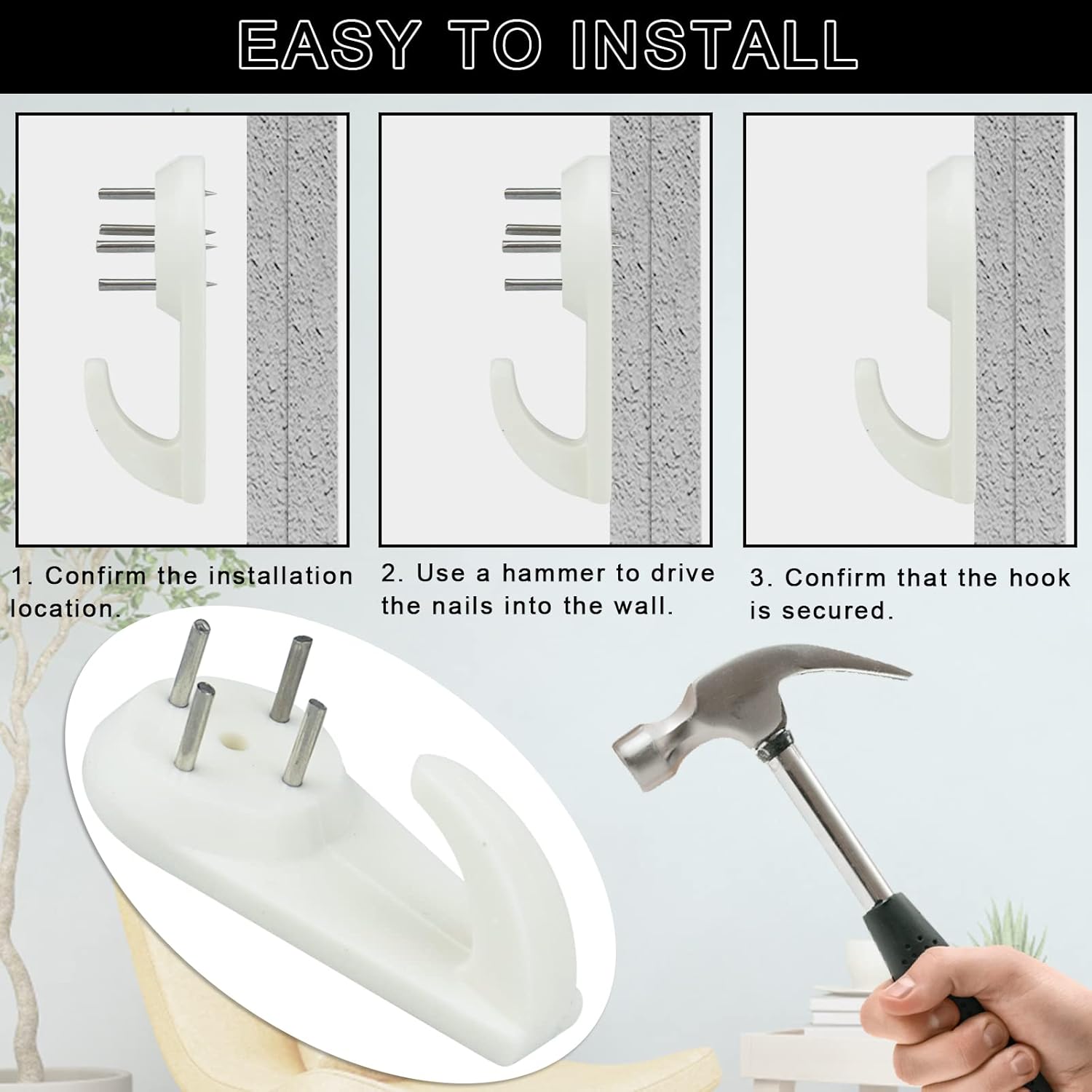 25 pack Traceless Nail Hooks,  Powerful Concrete Wall Hooks 20lbs Invisible Nail Hangers, Hardwall Hanging No Damage Wall Picture Hanger for Hardware Picture Photo Frame Clock Hangers