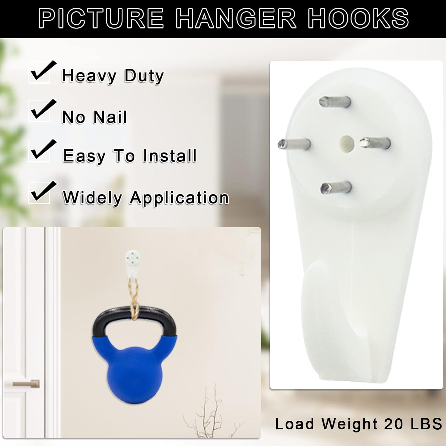 25 pack Traceless Nail Hooks,  Powerful Concrete Wall Hooks 20lbs Invisible Nail Hangers, Hardwall Hanging No Damage Wall Picture Hanger for Hardware Picture Photo Frame Clock Hangers