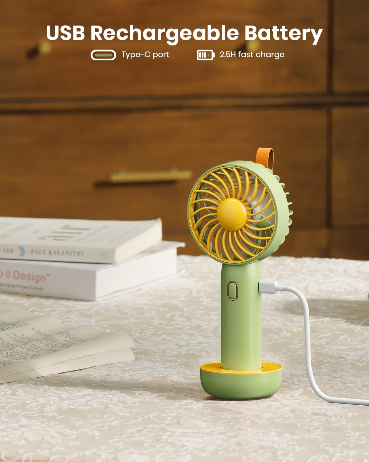 Retro Portable Fan, Mini Personal Handheld and Desktop with Base, 3 Powerful Speed, USB Rechargeable Fan for Travel, Summer, Outdoor, Indoor
