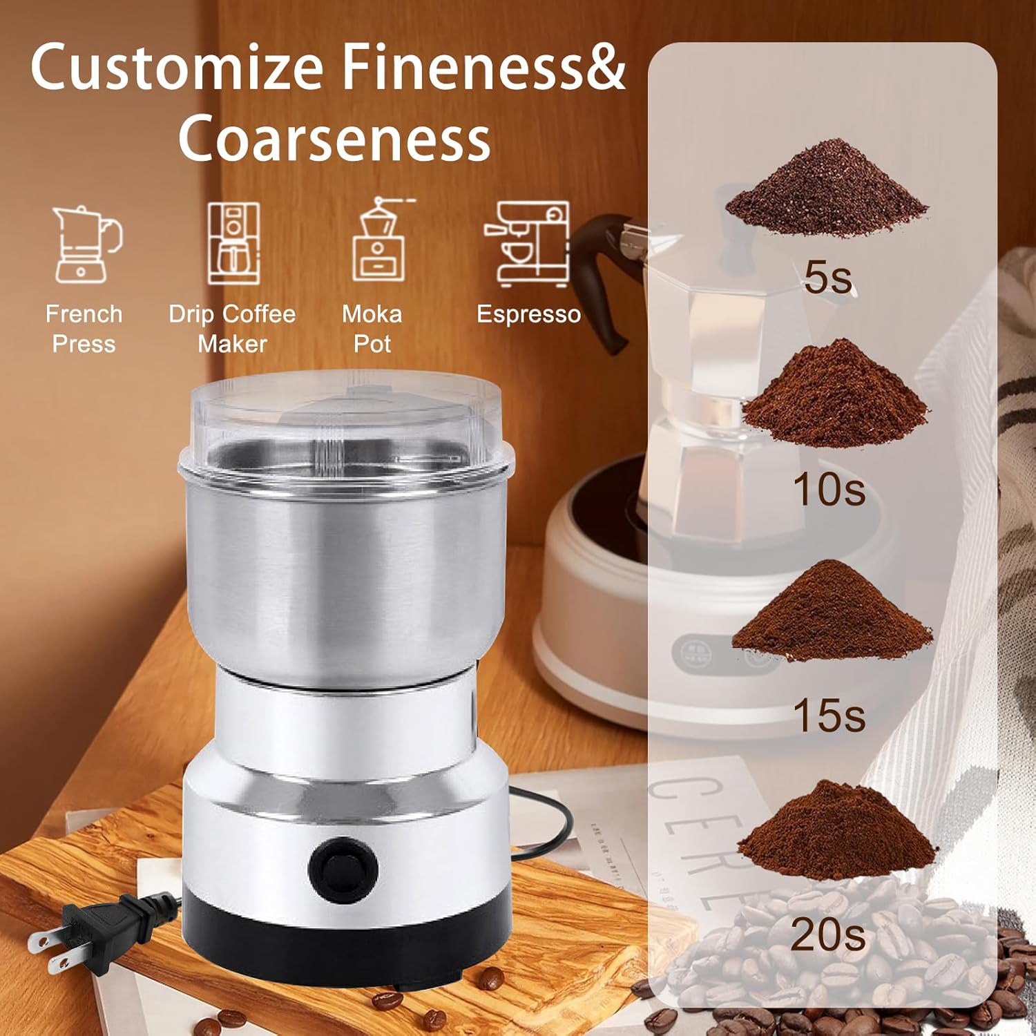 Spice Grinder, 150W Powerful Electric Coffee Bean Grinder with 4 Blades, Mini Home Grinder Smash Machine Spice Grinder Multi Function for Grain Nuts Seasoning Coffee Beans Spices