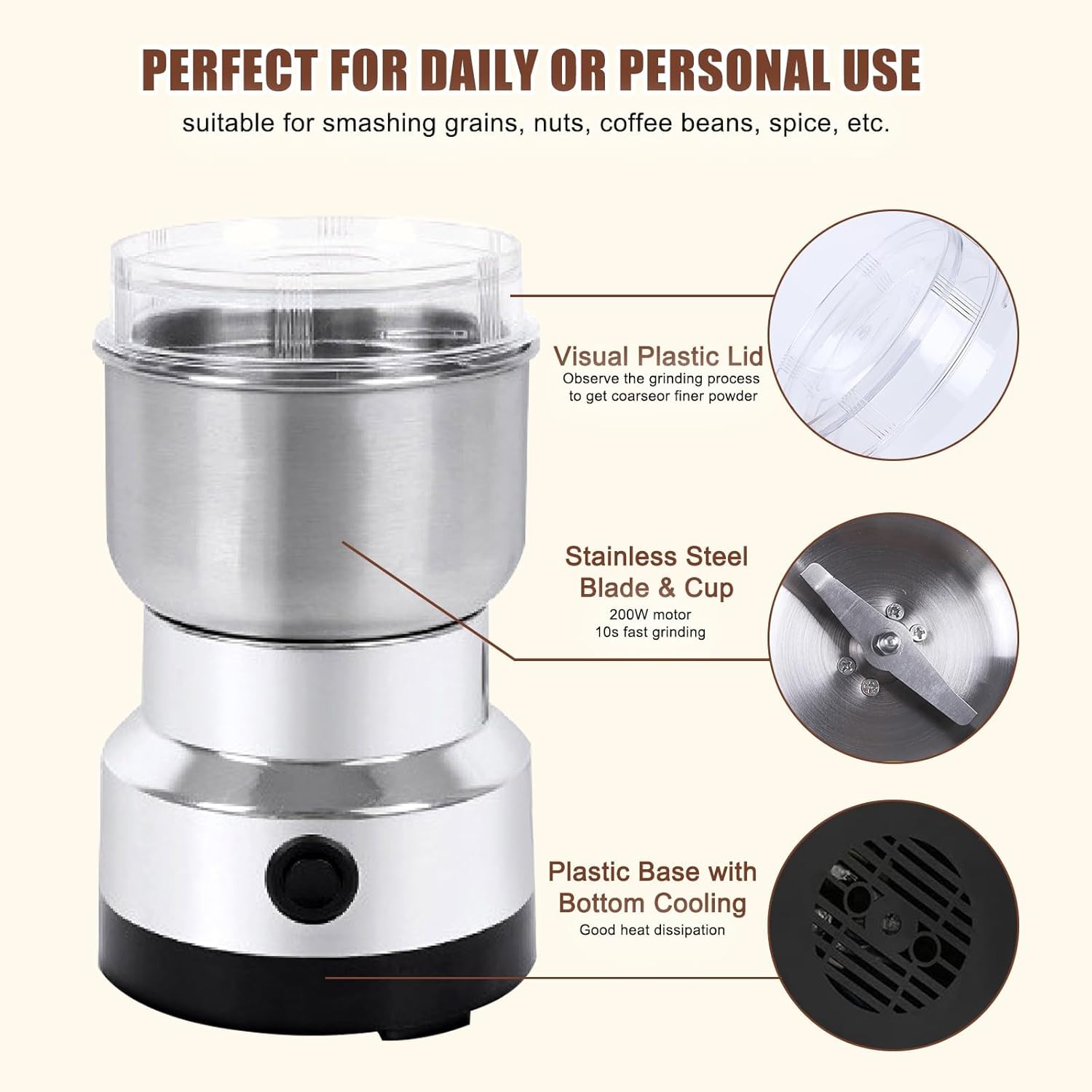 Spice Grinder, 150W Powerful Electric Coffee Bean Grinder with 4 Blades, Mini Home Grinder Smash Machine Spice Grinder Multi Function for Grain Nuts Seasoning Coffee Beans Spices