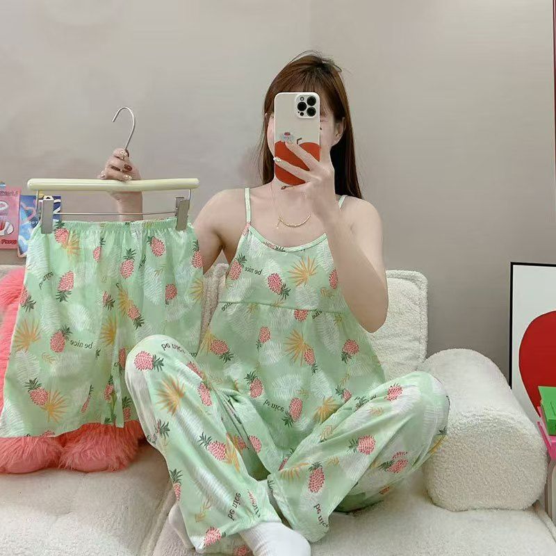 3pcs Women's Printed Vest Shorts Pants Paired Ribbed Sleep Swear Home Wear Set Casual Pajamas Set