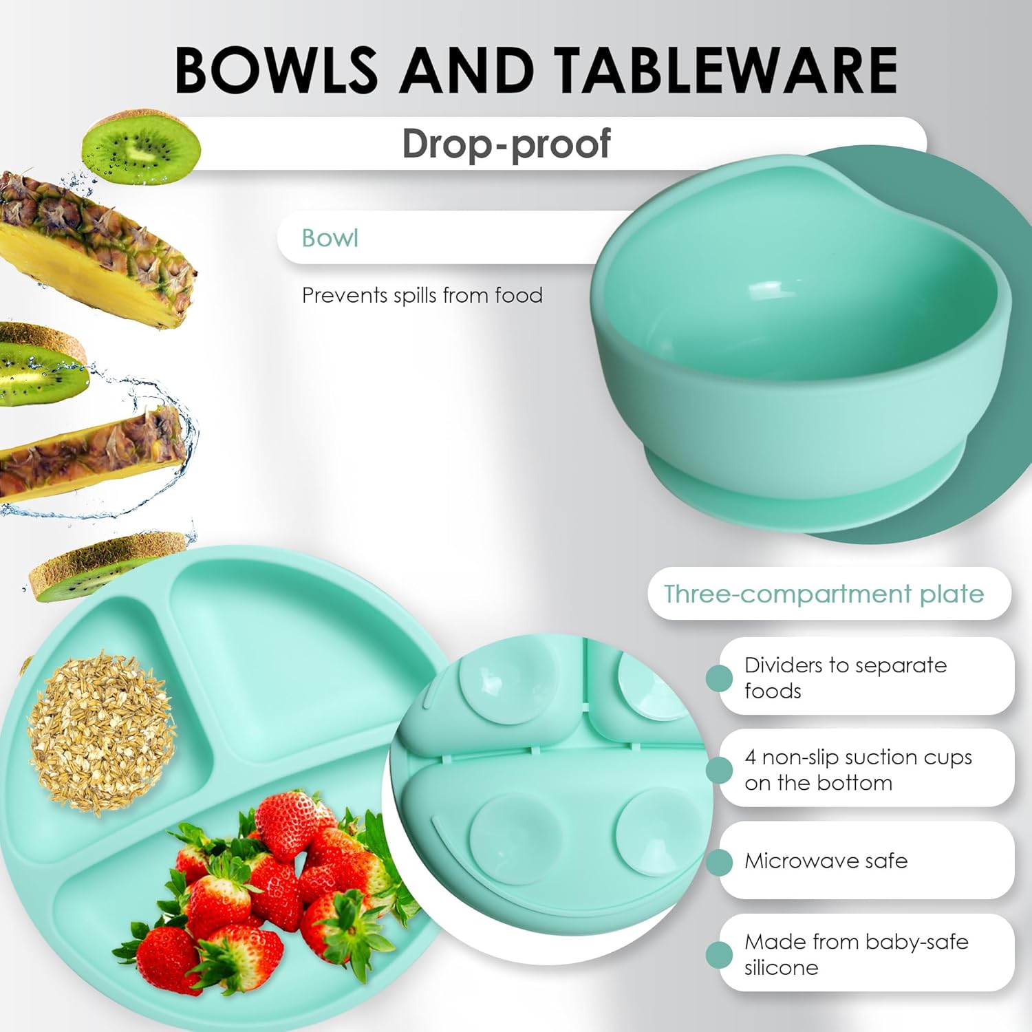 5PCS Silicone Baby Feeding Set, Baby Led Weaning Supplies with Suction Bowl Divided Plate, Toddler Self Feeding Dish Set with Spoons Forks Sippy Cup Adjustable Bib, Baby Eating Utensils Baby Bowl Plat