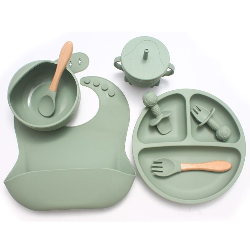 8 pcs Silicone Baby Feeding Set, Baby Led Weaning Supplies with Suction Bowl Divided Plate, Self Feeding Spoons Forks Sippy Cup Adjustable Bib, Eating Utensils for 6+ Months (Green)