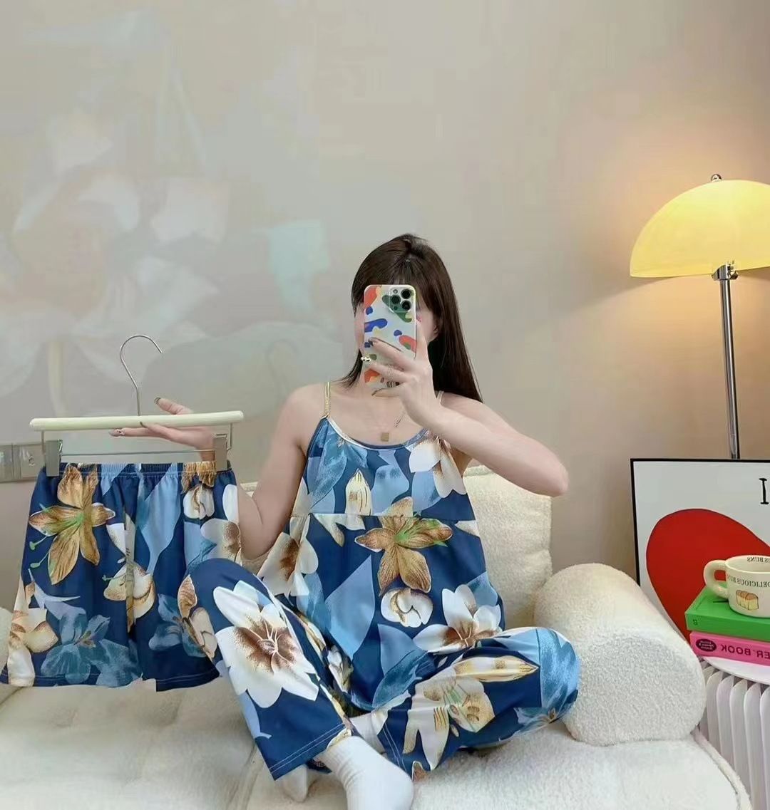 3pcs Women's Printed Vest Shorts Pants Home Wear Set Casual Pajamas Set Women's Large Size Pajama Set  Ladies Pajama Set
