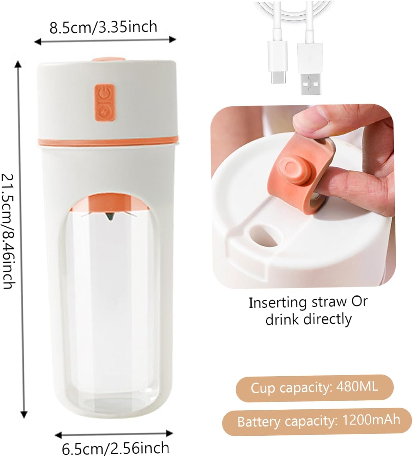 Charging USB Portable Blender, 480ml Portable Juicer Blender with 6-Blade Head, Cup for Shakes and, USB for Office, Gym, Kitchen, Travel Juicer Electric Juicer