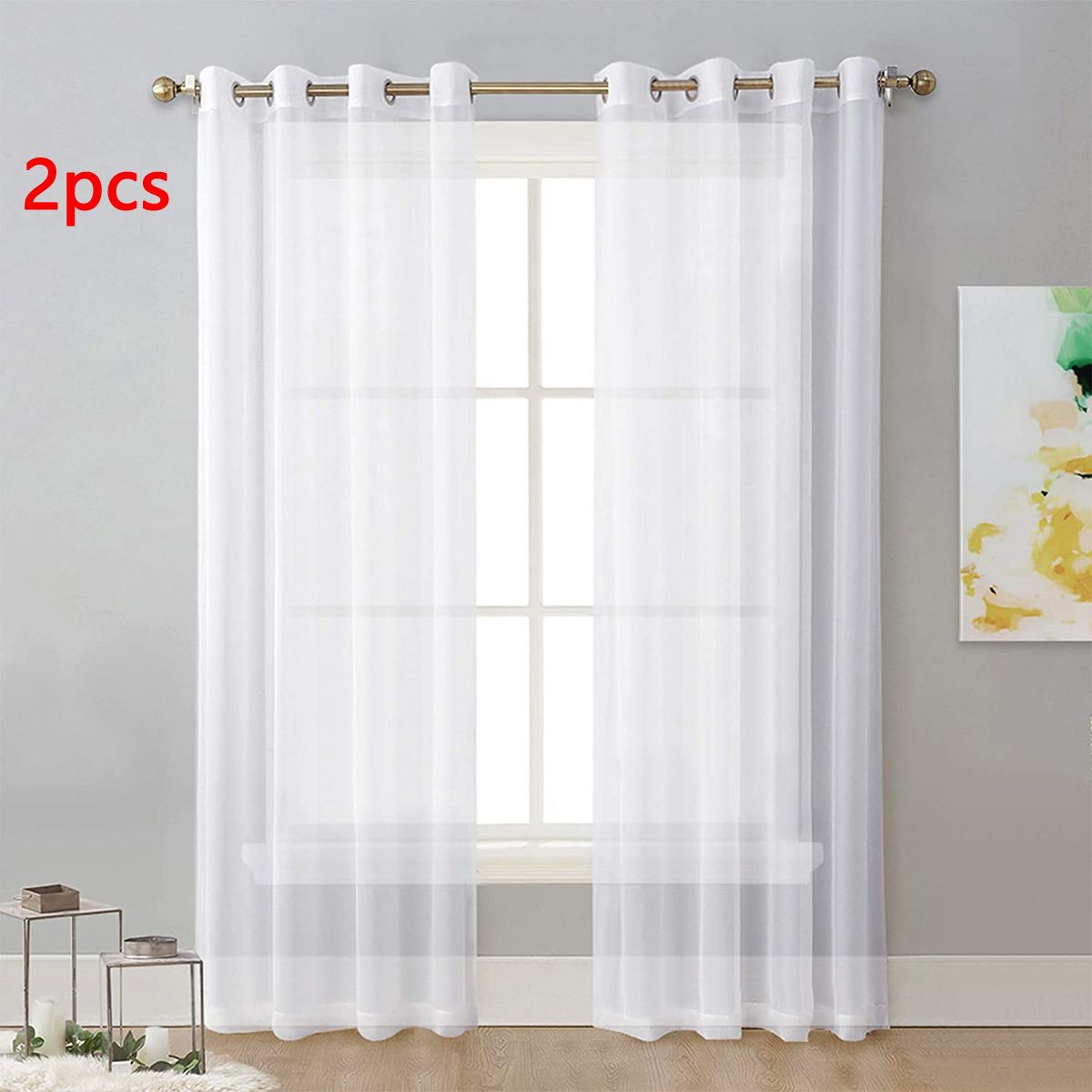 2pcs white Sheer Curtains - Ring Top Window Curtains Basket Semi Shading Living Room Bedroom Decoration Curtain