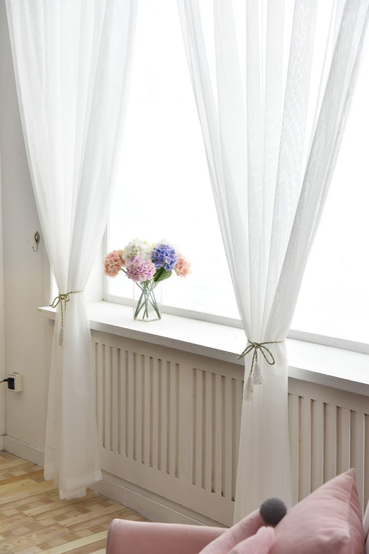 2pcs white Sheer Curtains - Ring Top Window Curtains Basket Semi Shading Living Room Bedroom Decoration Curtain