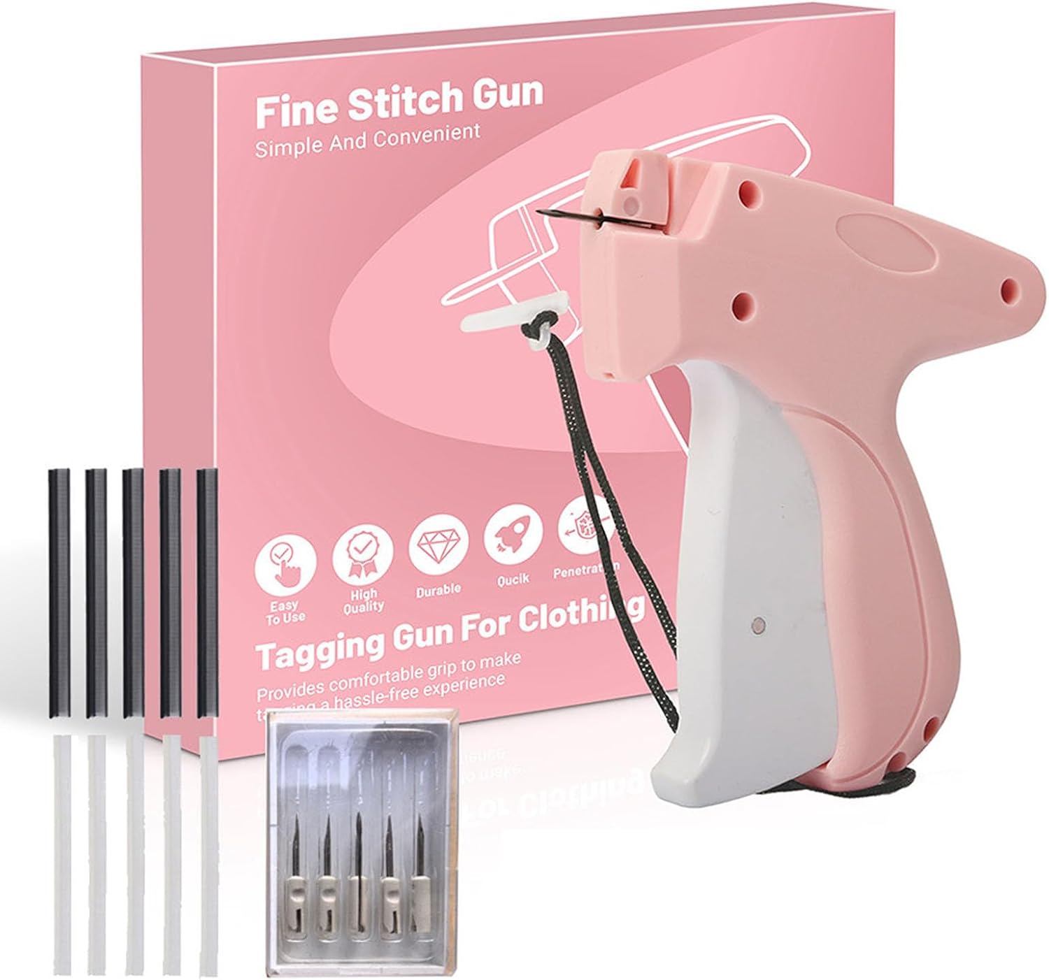 Stitch Gun for Clothes,Mini Quick Stitch Sewing Gun -Clothing Tag Gun 5 Needles,1000Black & 1000 White Fasteners(Pink)