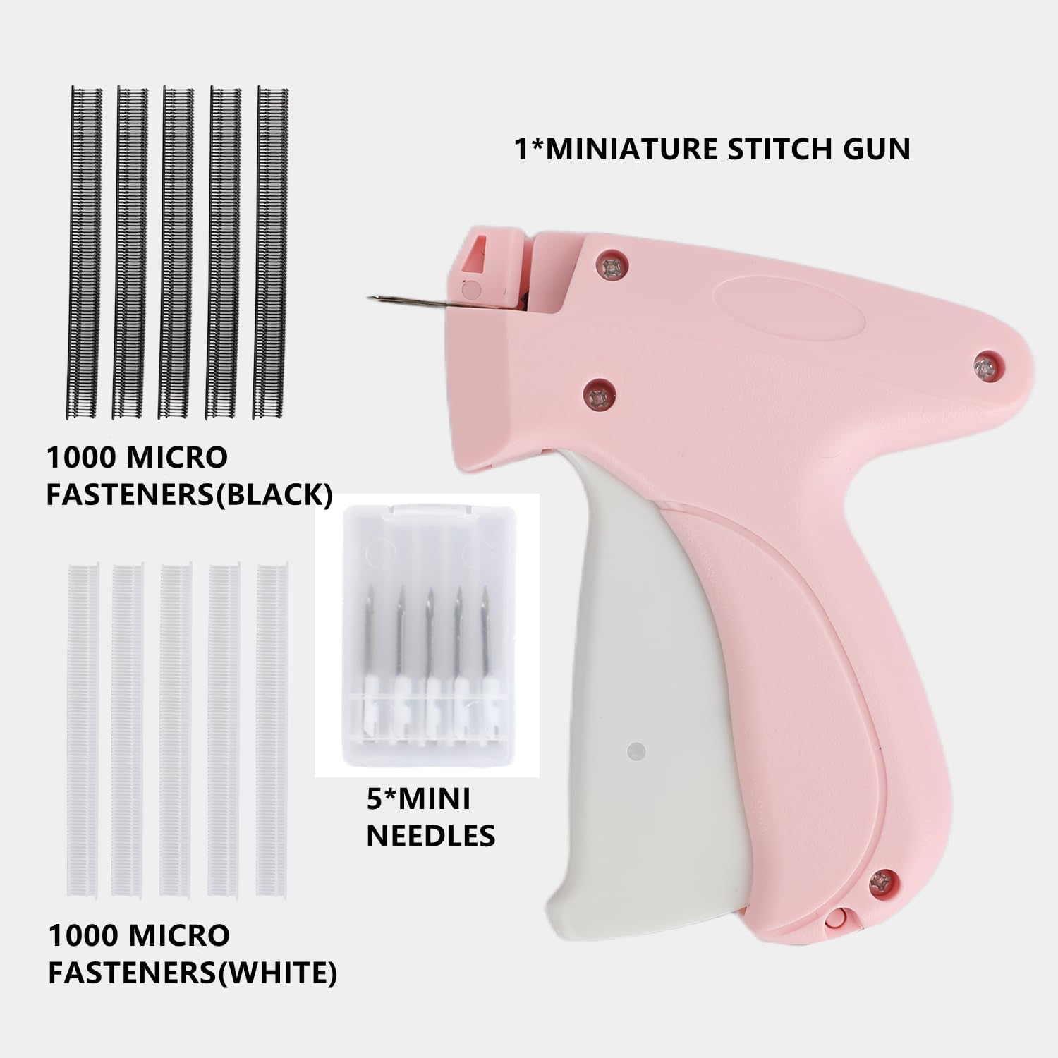 Stitch Gun for Clothes,Mini Quick Stitch Sewing Gun -Clothing Tag Gun 5 Needles,1000Black & 1000 White Fasteners(Pink)
