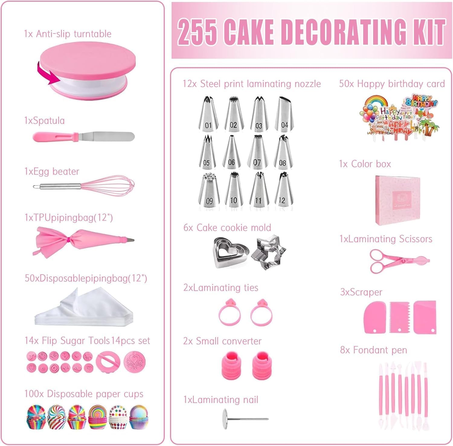255PCS  Baking Tools Cake Decorating Kit,Cake Decor Cake Kit，Piping Bags and Tips Set,Cake Decorating Supplies,Frosting Piping Kit,Cake Baking Supplies for Beginners