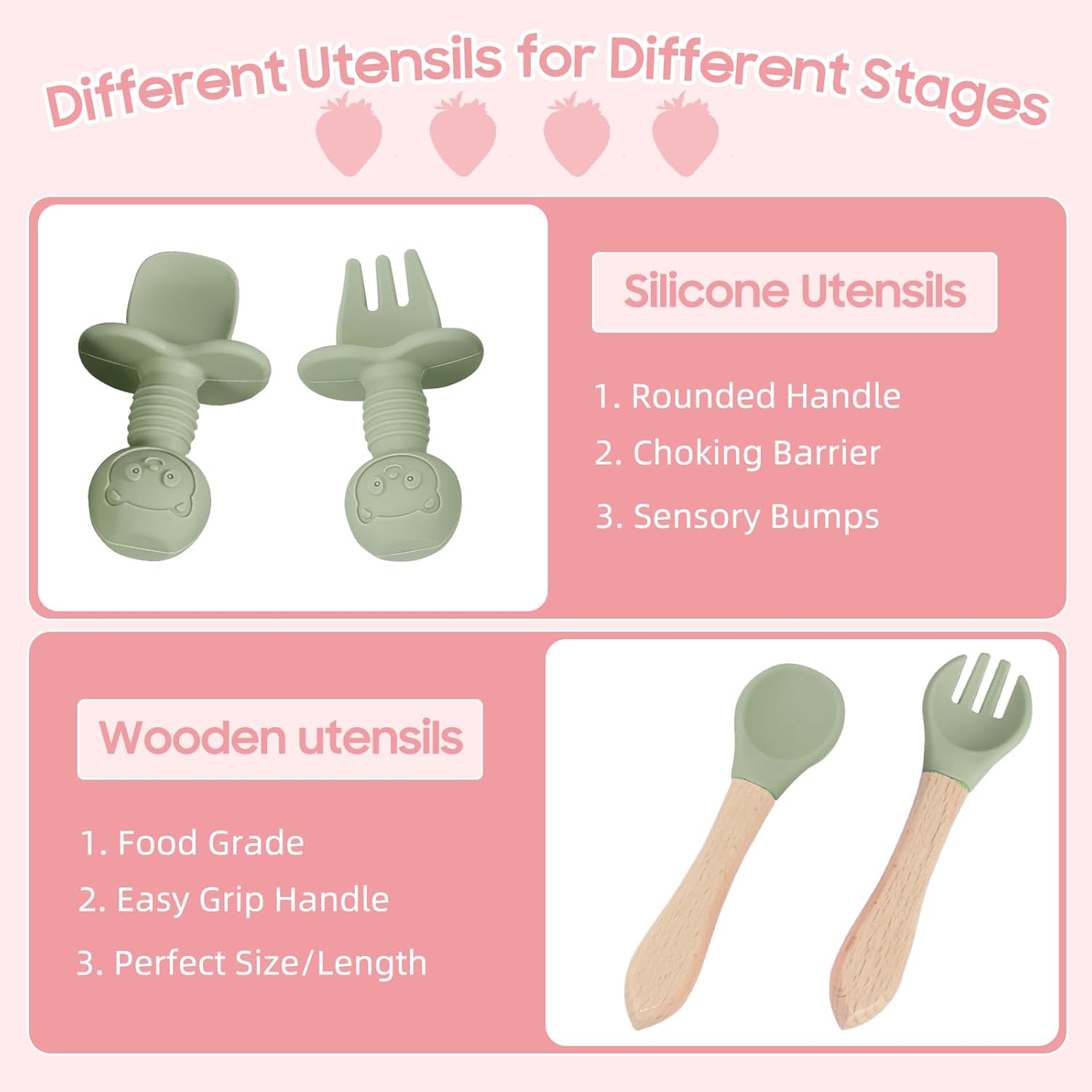 8 pcs Silicone Baby Feeding Set, Baby Led Weaning Supplies with Suction Bowl Divided Plate, Self Feeding Spoons Forks Sippy Cup Adjustable Bib, Eating Utensils for 6+ Months (Green)