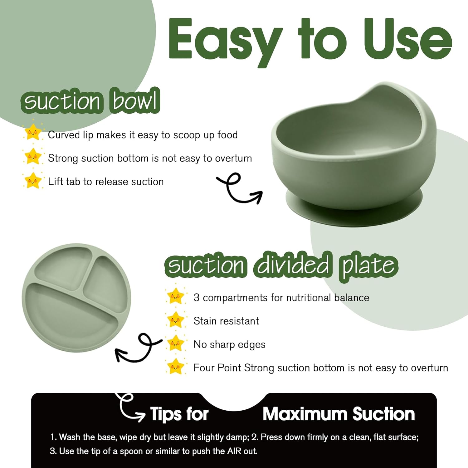 8 pcs Silicone Baby Feeding Set, Baby Led Weaning Supplies with Suction Bowl Divided Plate, Self Feeding Spoons Forks Sippy Cup Adjustable Bib, Eating Utensils for 6+ Months (Green)