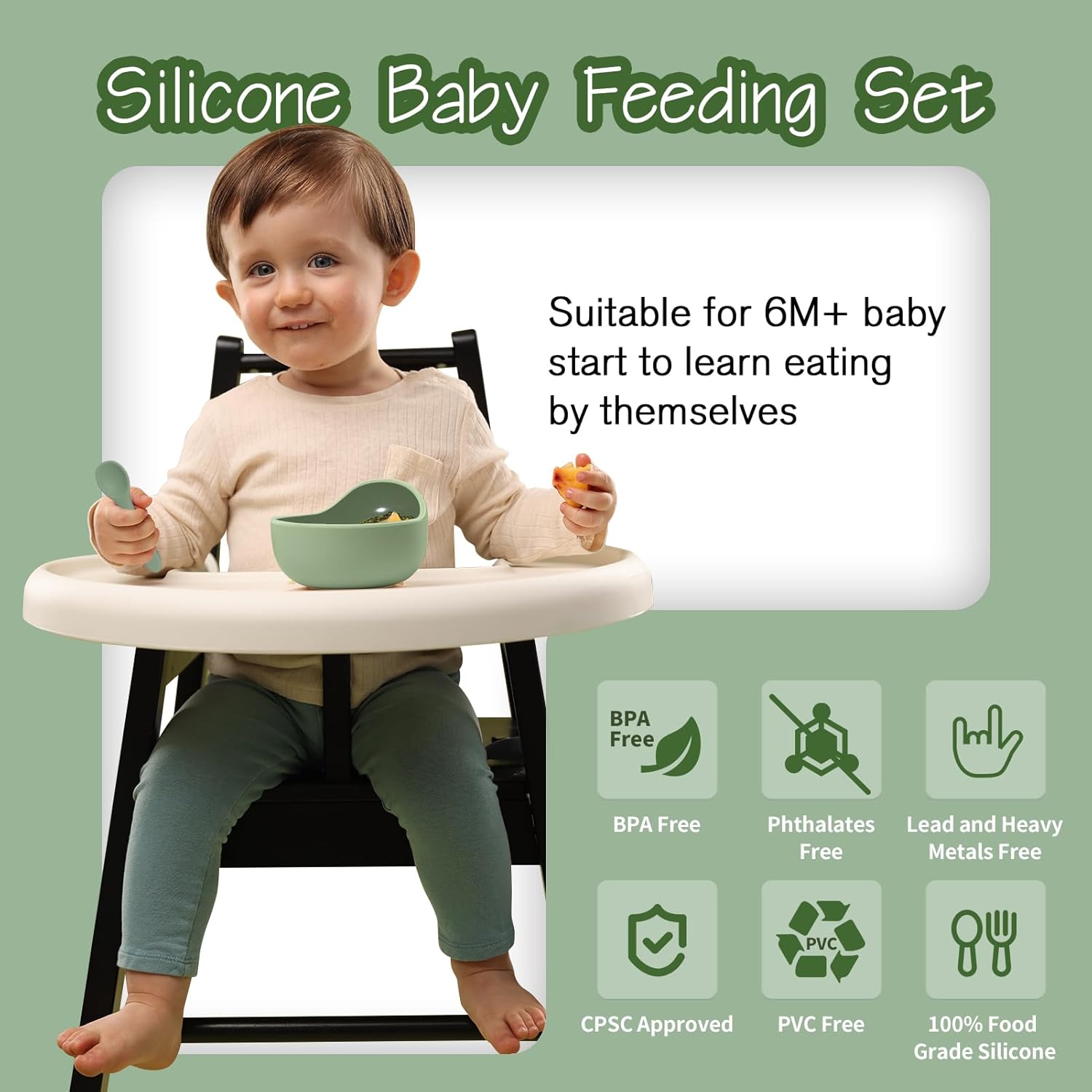 8 pcs Silicone Baby Feeding Set, Baby Led Weaning Supplies with Suction Bowl Divided Plate, Self Feeding Spoons Forks Sippy Cup Adjustable Bib, Eating Utensils for 6+ Months (Green)