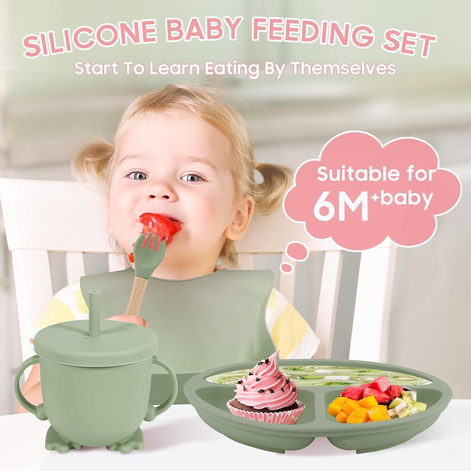 8 pcs Silicone Baby Feeding Set, Baby Led Weaning Supplies with Suction Bowl Divided Plate, Self Feeding Spoons Forks Sippy Cup Adjustable Bib, Eating Utensils for 6+ Months (Green)