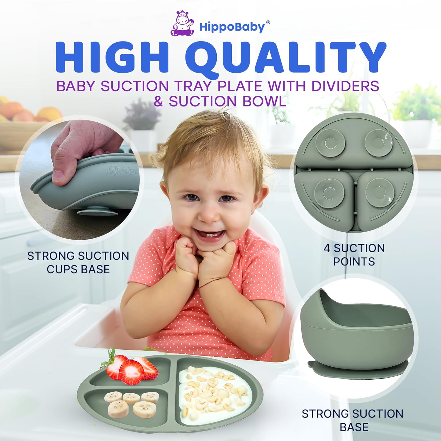 8 pcs Silicone Baby Feeding Set, Baby Led Weaning Supplies with Suction Bowl Divided Plate, Self Feeding Spoons Forks Sippy Cup Adjustable Bib, Eating Utensils for 6+ Months (Green)