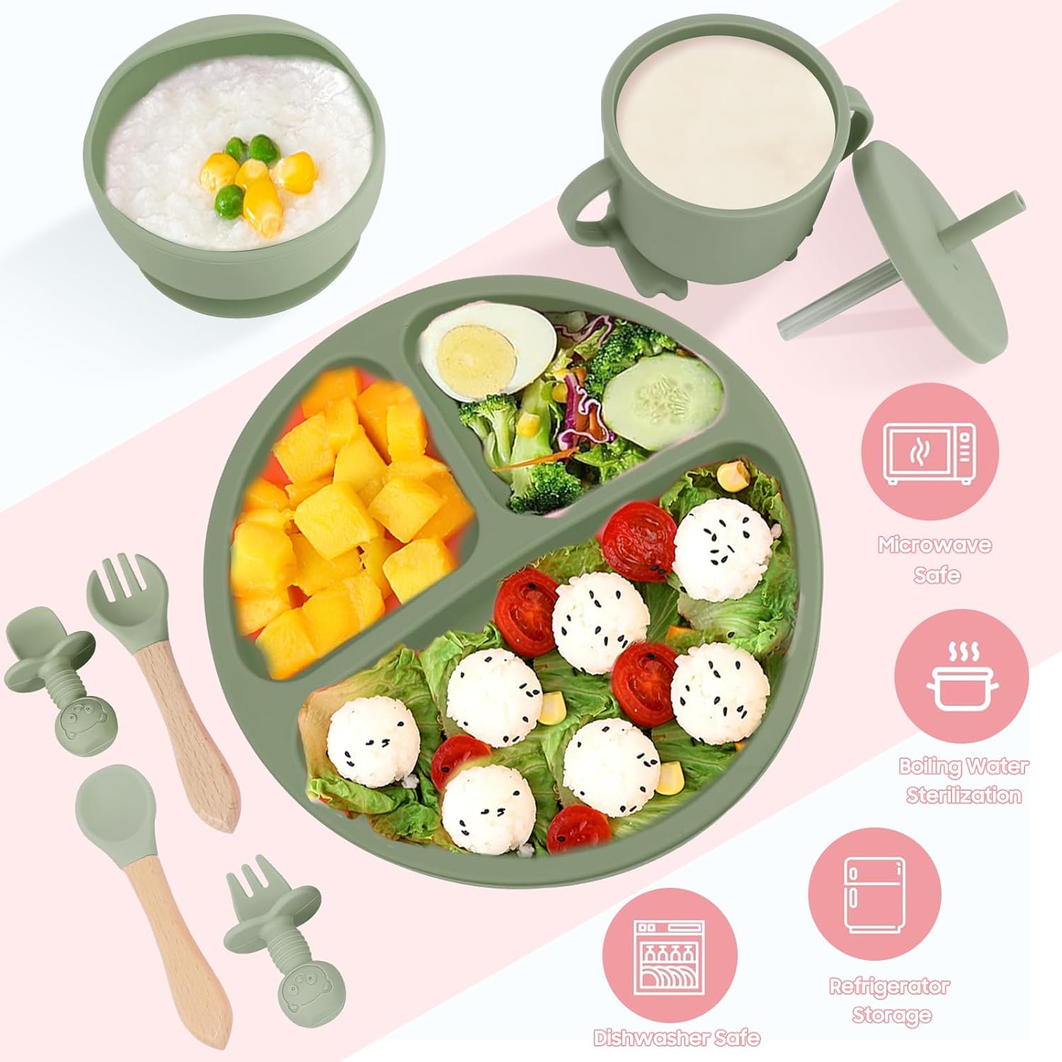 8 pcs Silicone Baby Feeding Set, Baby Led Weaning Supplies with Suction Bowl Divided Plate, Self Feeding Spoons Forks Sippy Cup Adjustable Bib, Eating Utensils for 6+ Months (Green)
